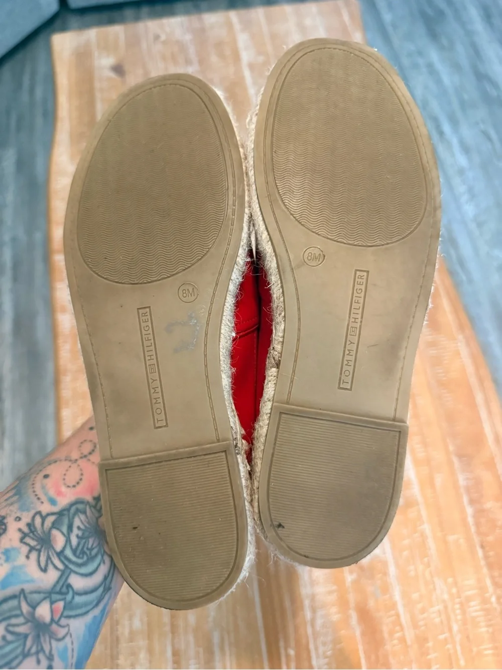 Tommy Hilfiger Red Leather Espadrille Slip-Ons with Embroidered TH Logo Size W8